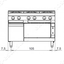 Επαγγελματική κουζίνα αερίου με 6 εστίες και ηλεκτρικό φούρνο Baron Q70PCF/GE1206